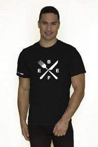 ‘B-E-E-F and Crossed Cutlery’ Cotton T-Shirt - FRONT